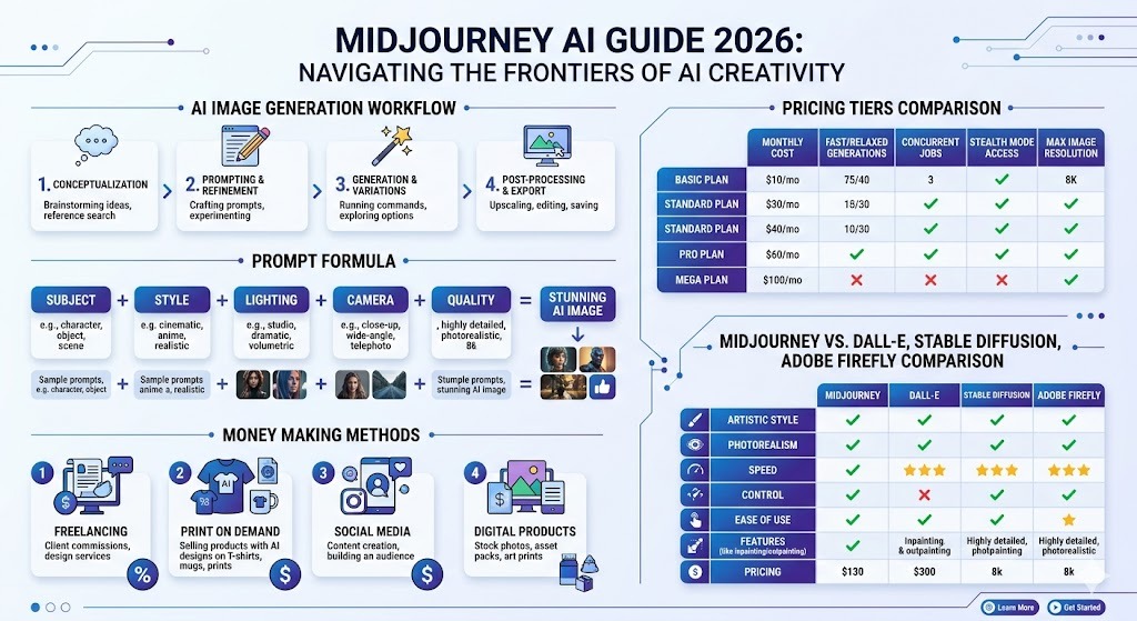 “Midjourney AI Guide 2026 infographic showing how to use Midjourney, prompt formula, pricing plans, AI image workflow, and ways to make money with AI-generated images”