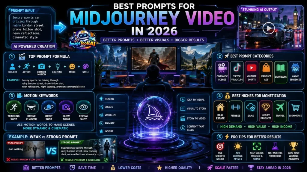  Infographic showing the best prompts for MidJourney video in 2026 with cinematic prompt formulas, viral categories, motion keywords, monetization niches, and creator tips.