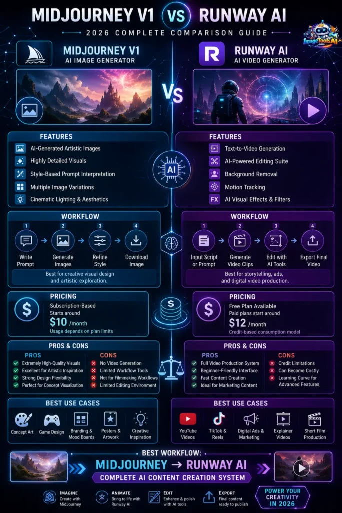 MidJourney V1 vs Runway AI 2026 infographic showing comparison of AI image generation and AI video creation tools with features, workflow, pricing, pros and cons, and use cases for digital creators.