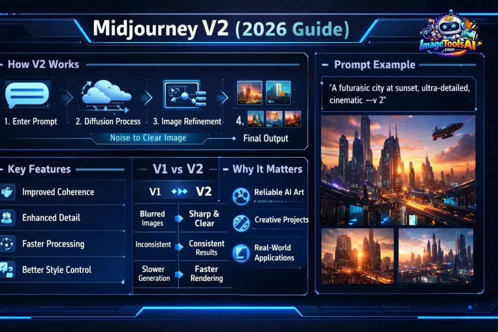 “Midjourney V2 2026 infographic showing features, workflow, and V1 vs V2 comparison in a modern tech layout.”