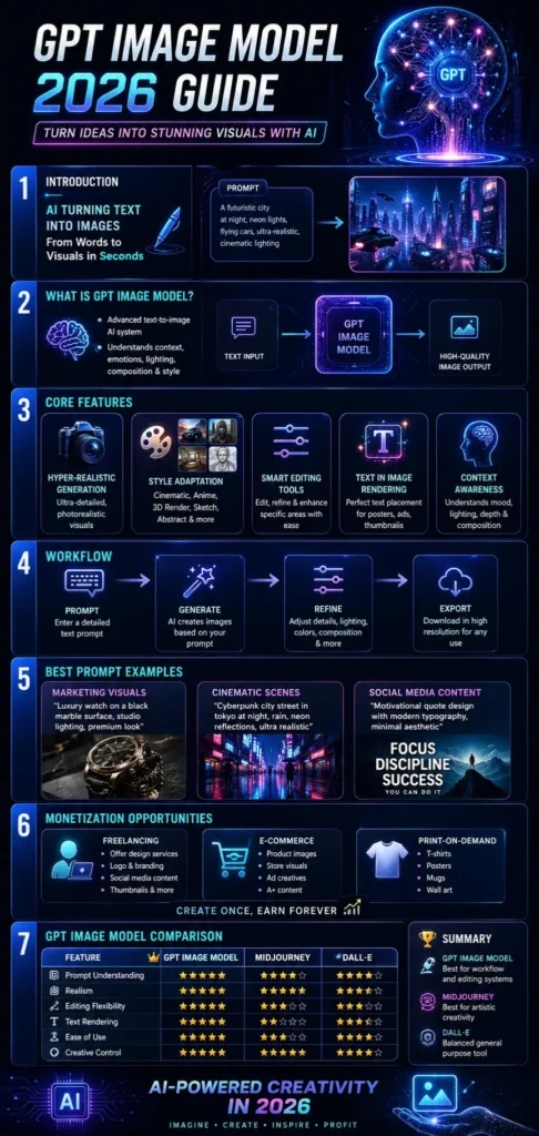 Futuristic infographic explaining GPT Image Model 2026 features, workflow, prompts, comparisons, and monetization strategies for AI-generated image creation.