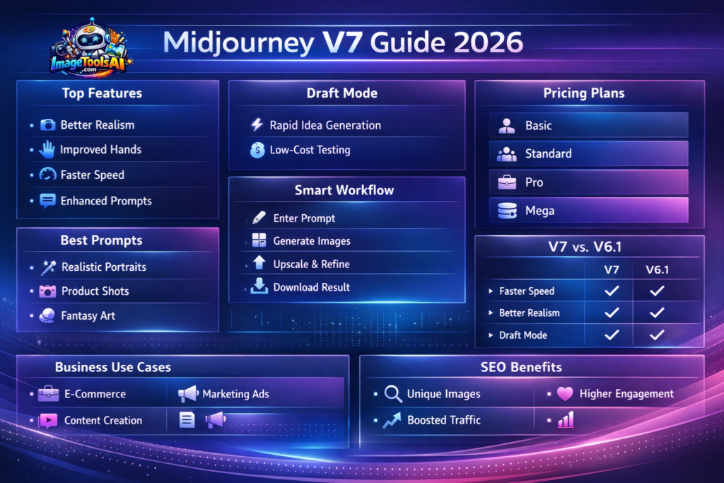 Midjourney V7 Guide 2026 infographic showing features, pricing, prompts, Draft Mode, workflow, and business use cases in a clean, modern AI design layout