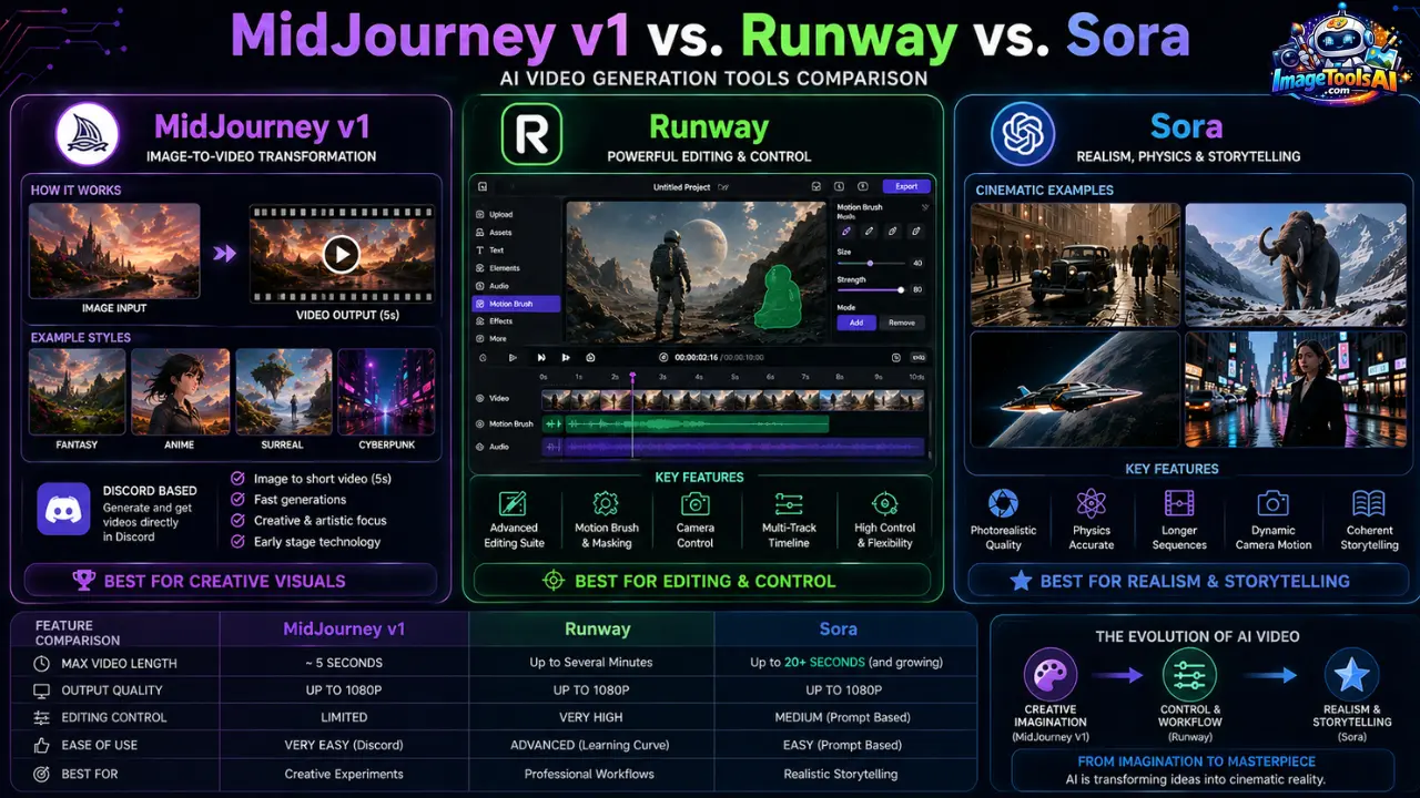 MidJourney v1 vs. Runway vs. Sora