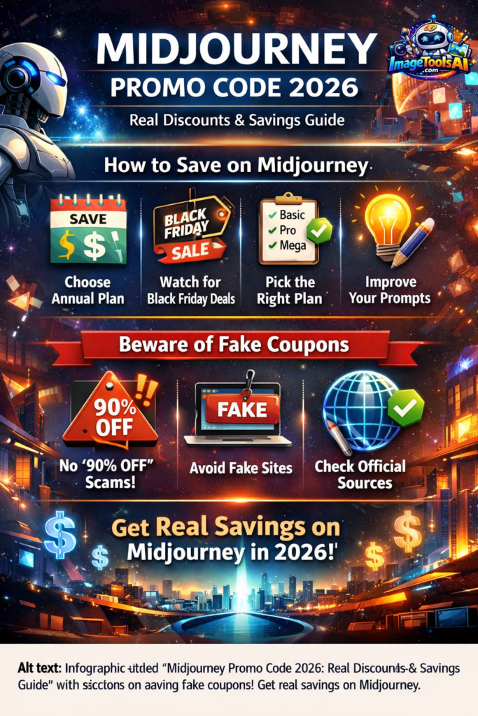  Midjourney Promo Code 2026 infographic showing real discounts, pricing plans, Black Friday deals, student offers, and the best ways to save money on Midjourney.
