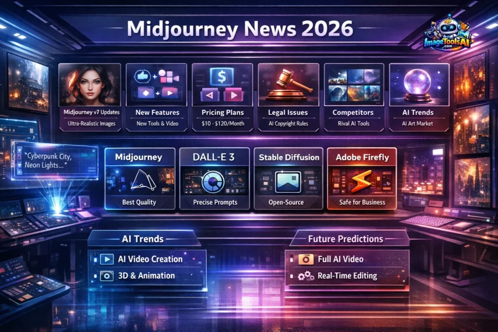  Midjourney News 2026 infographic showing latest v7 updates, pricing plans, new AI features, competitors, legal issues, and future AI art trends.