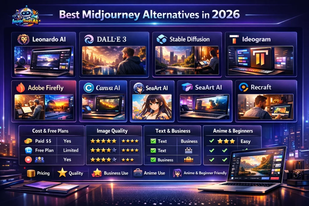  Best Midjourney alternatives in 2026 infographic comparing Leonardo AI, DALL·E 3, Stable Diffusion, Ideogram, Firefly, Canva AI, and other top AI image generators.