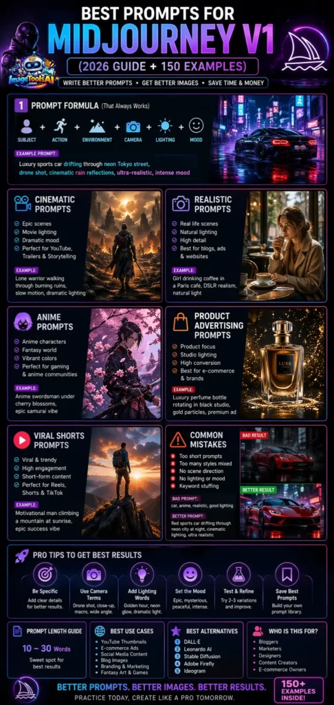 Best MidJourney V1 prompts infographic showing prompt formula, cinematic, realistic, anime, product ads, viral content, and pro tips for AI image creation.