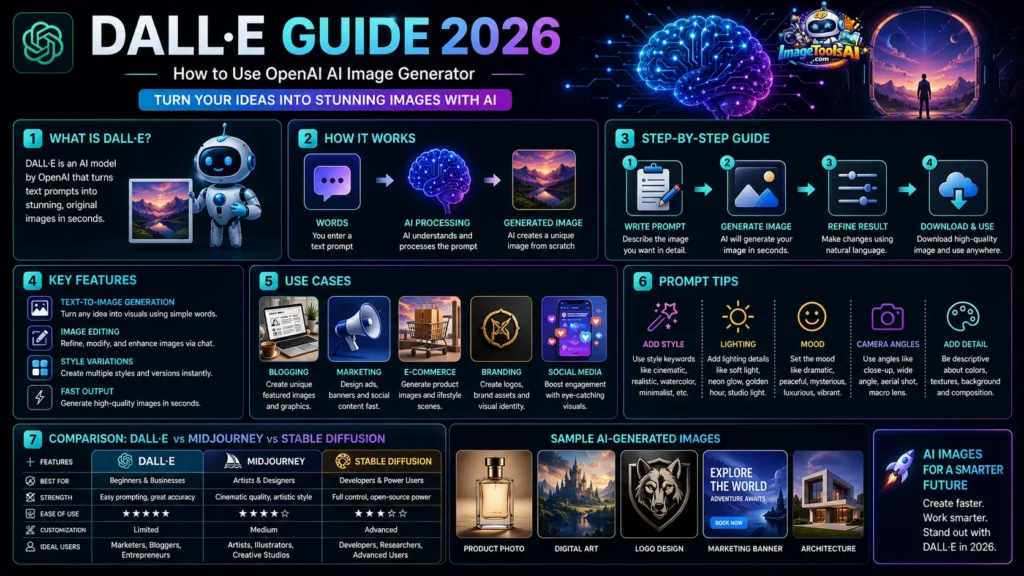 “DALL·E Guide 2026 infographic showing step-by-step use of OpenAI AI image generator, including prompts, features, workflow, and AI image creation tips for beginners, marketers, and businesses.”
