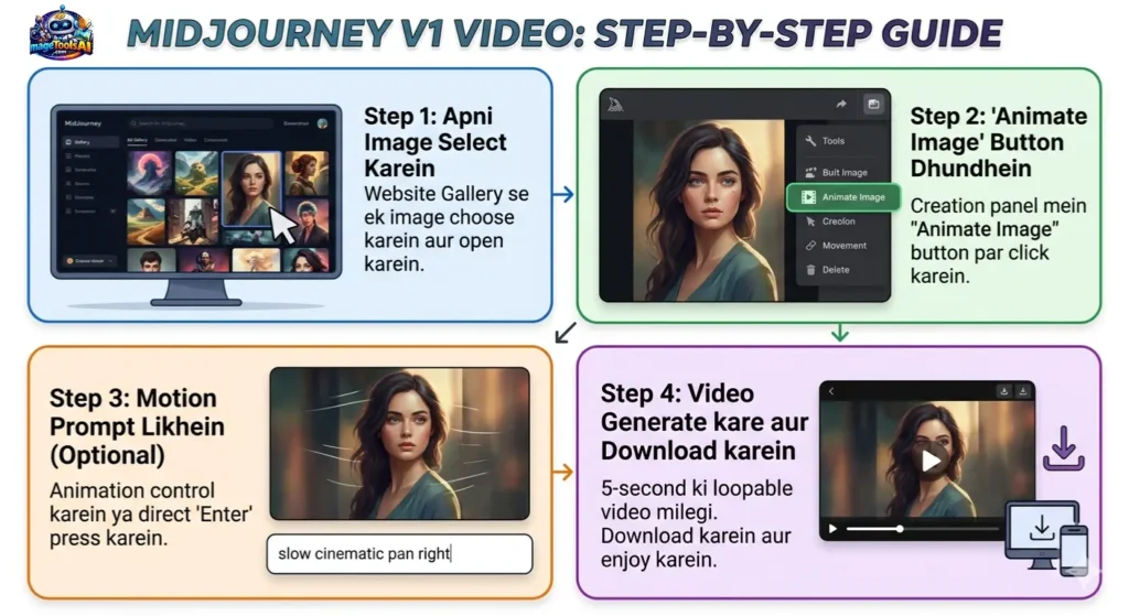 How to use MidJourney v1 video step by step	