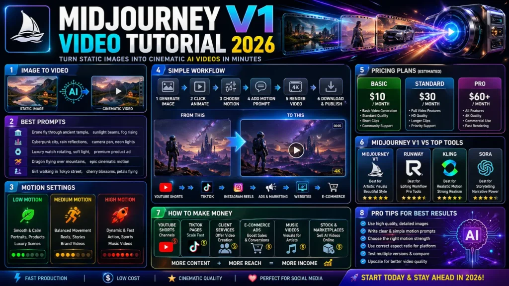  MidJourney V1 Video Tutorial 2026 infographic showing AI image-to-video workflow, prompts, pricing, settings, comparisons, and monetization tips.