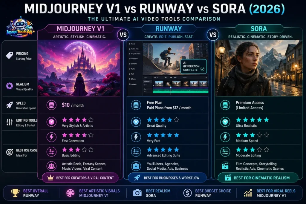 MidJourney V1 vs Runway vs Sora 2026 infographic showing comparison of AI video tools based on features, realism, speed, pricing, and best use cases in a modern, futuristic design.