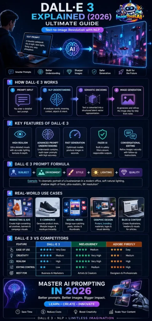 DALL·E 3 infographic showing how text prompts become AI images using NLP, prompt engineering, features, use cases, and comparison with MidJourney and Firefly.
