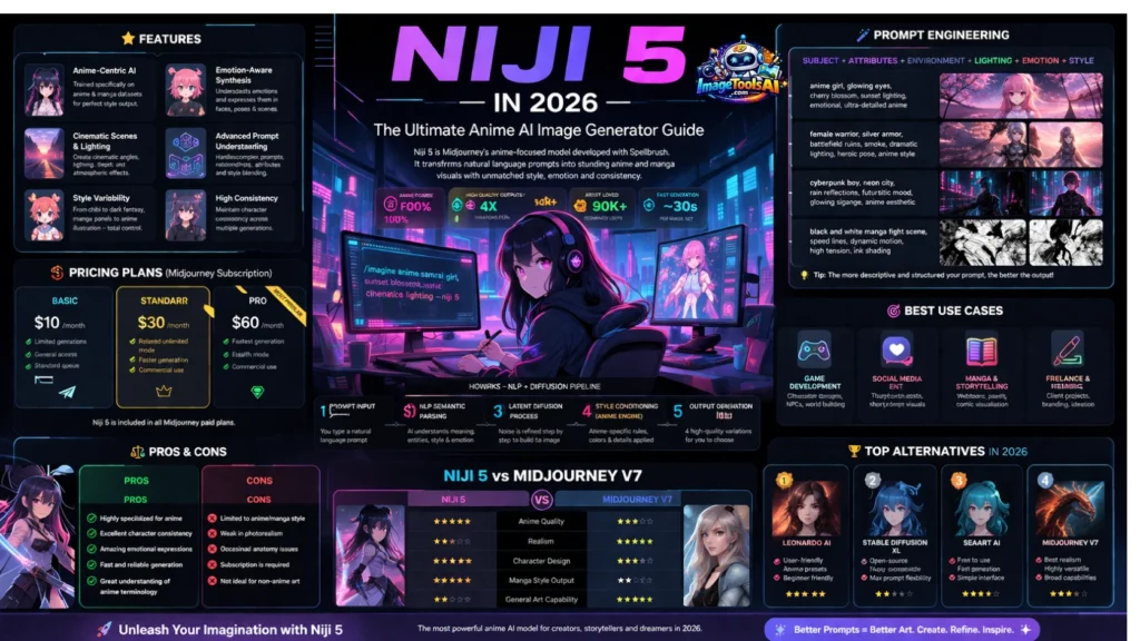  Niji 5 in 2026 infographic showing features, prompts, pricing, alternatives, anime AI image generator comparison, and review.
