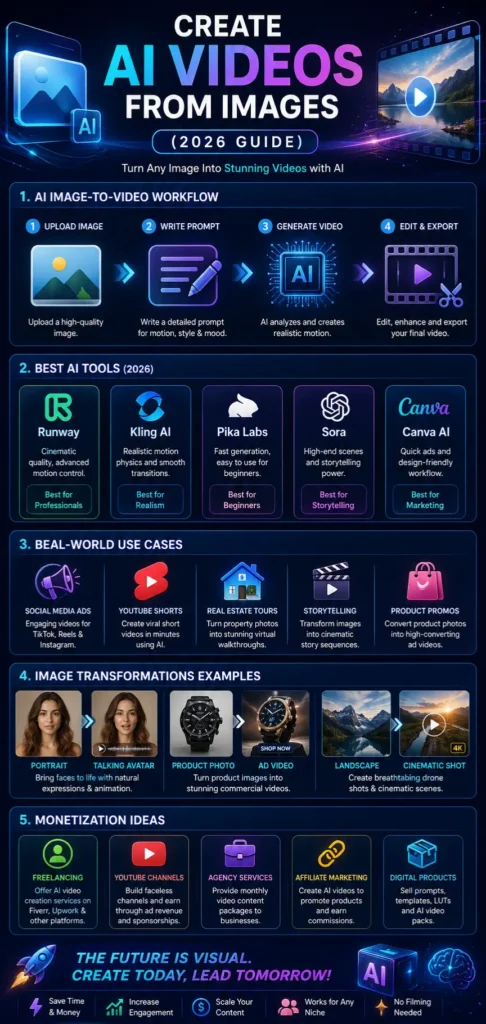 AI infographic showing how to create videos from images in 2026 using tools like Runway, Kling AI, and Pika with workflow steps, use cases, and monetization strategies.