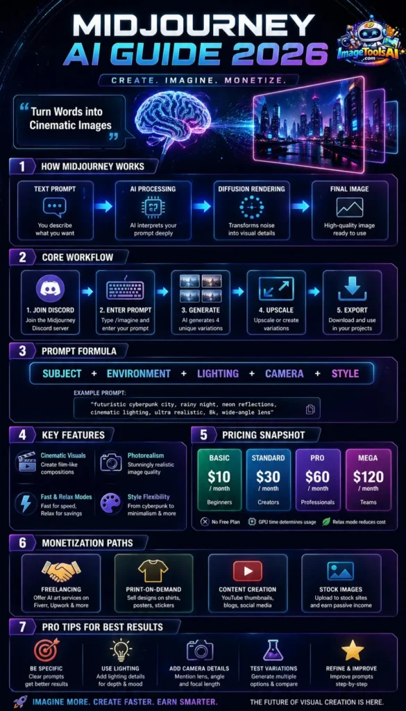 Midjourney AI Guide 2026 infographic showing workflow, prompt formula, pricing plans, features, and monetization strategies for creators and businesses