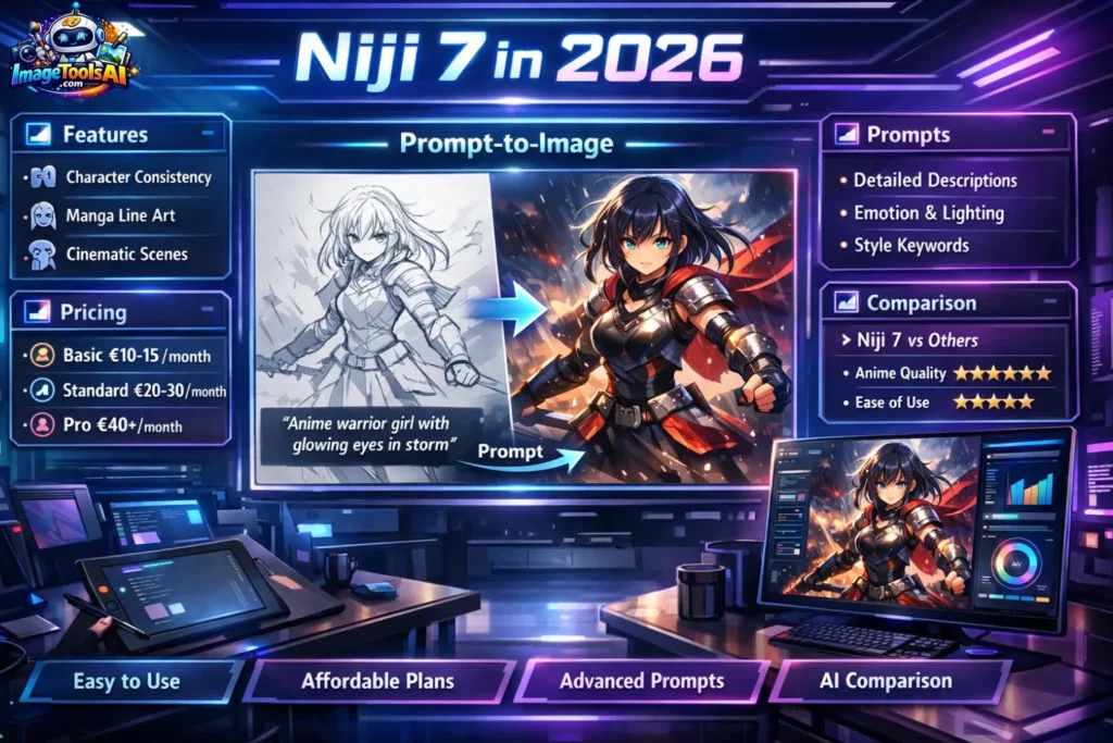  Niji 7 in 2026 infographic showing AI anime image generator features, prompts, pricing, workflow, and comparison guide.