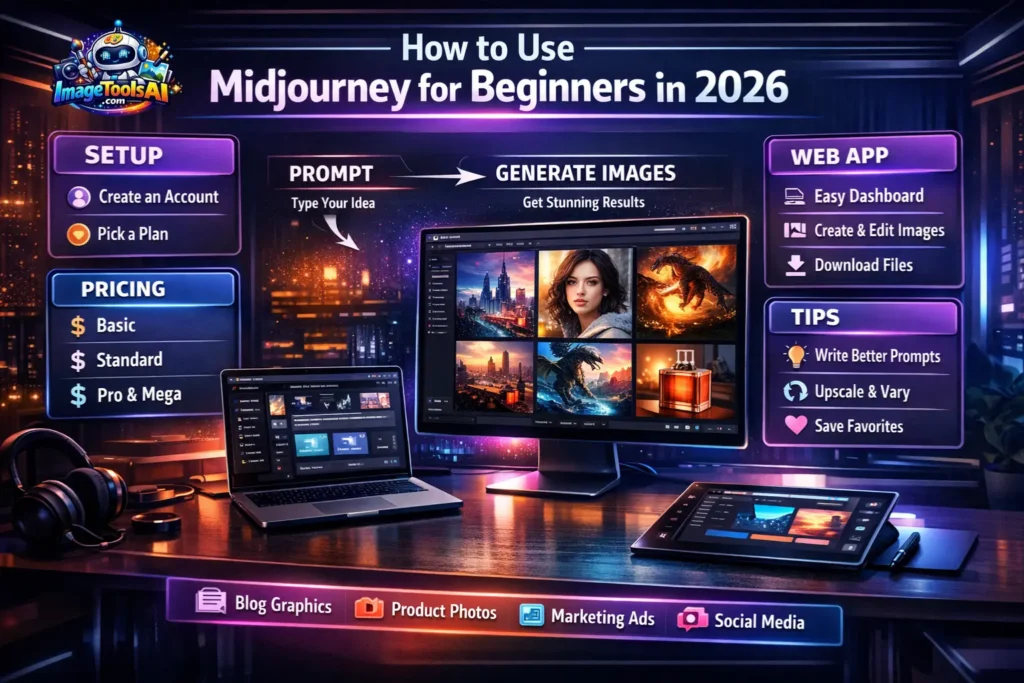 How to use Midjourney for beginners in 2026 infographic showing setup steps, prompts, pricing plans, and AI image creation workflow.
