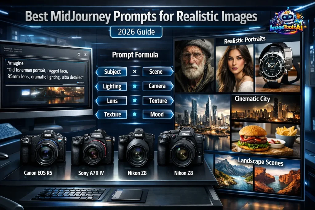  Infographic showing the best MidJourney prompts for realistic images in 2026 with portraits, products, cinematic scenes, food, and photorealistic visuals.