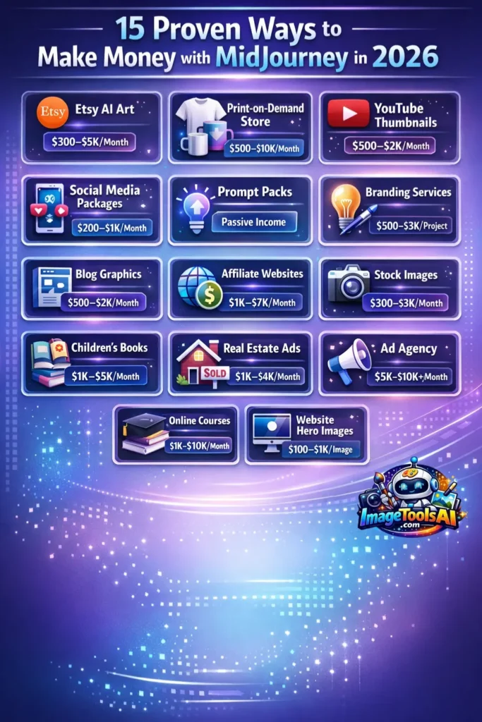  Infographic showing 15 proven ways to make money with MidJourney in 2026 using Etsy, print-on-demand, freelancing, stock images, prompt packs, and AI business ideas.