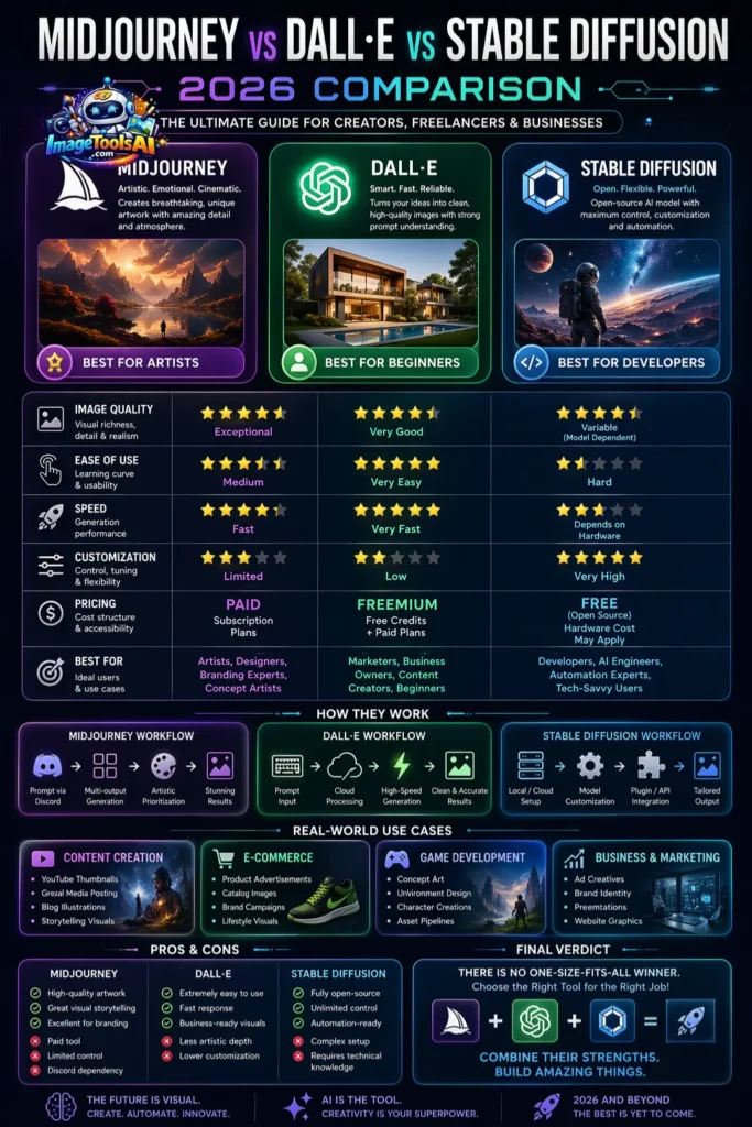 Midjourney vs DALL·E vs Stable Diffusion 2026 infographic comparing image quality, pricing, customization, speed, and best AI image generator use cases.