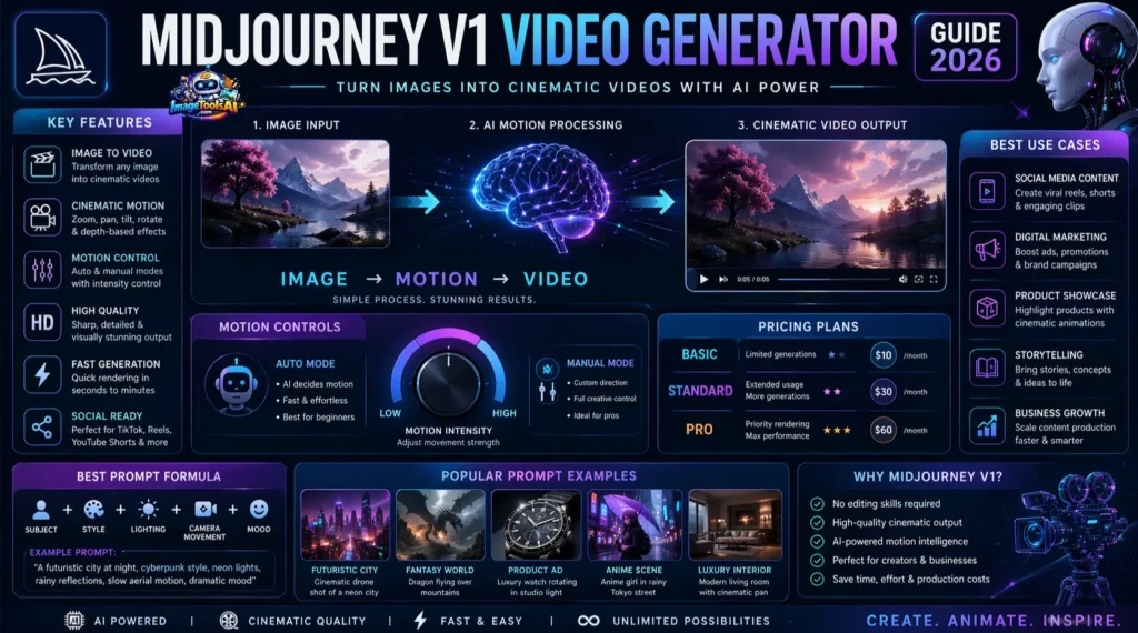 MidJourney V1 Video Generator infographic with step-by-step guide, prompts, motion controls, pricing, and AI video workflow for 2026.