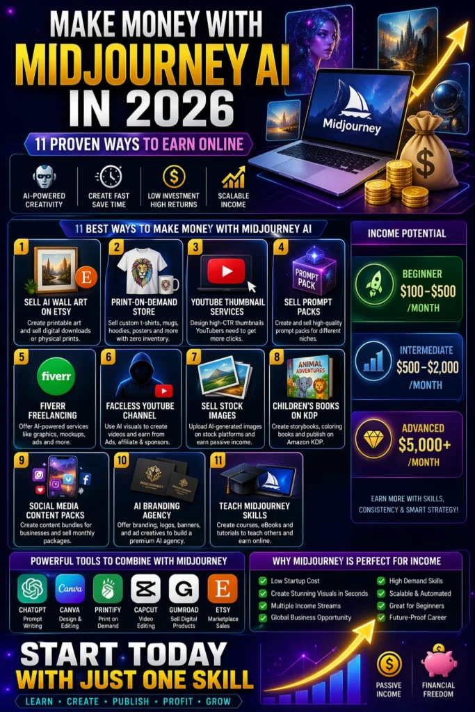 Infographic showing 11 proven ways to make money with MidJourney AI in 2026 using Etsy, freelancing, YouTube, print on demand, and prompt packs.