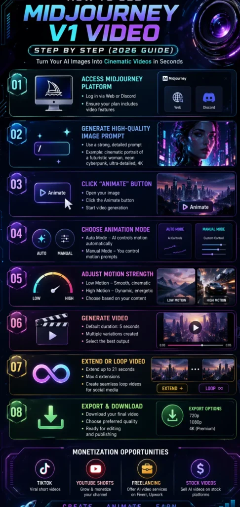 Step-by-step infographic on using MidJourney V1 Video in 2026, covering image creation, animation settings, motion control, video generation, and monetization methods.