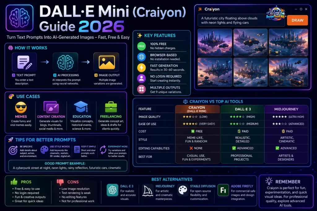 Infographic showing DALL·E Mini (Craiyon) 2026 guide with AI image generation process, features, use cases, and comparison with modern AI tools like DALL·E 3 and MidJourney in a futuristic dashboard design.