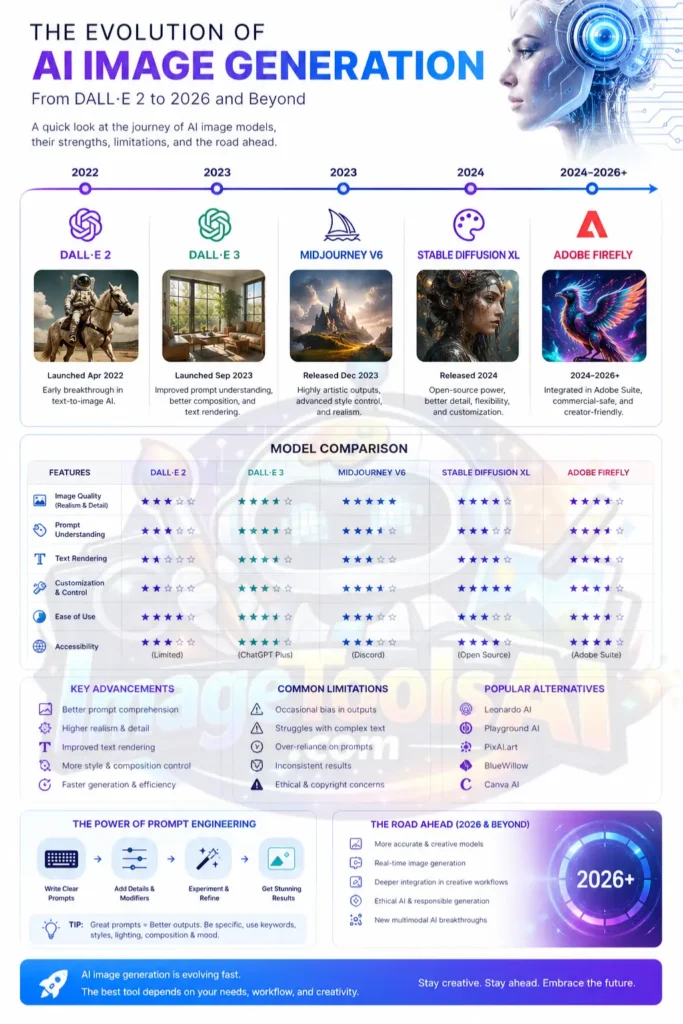 AI infographic showing DALL·E 2 guide 2026 with comparison of modern AI image generators like DALL·E 3, MidJourney V6, Stable Diffusion XL, and Adobe Firefly, highlighting features, limitations, and evolution of text-to-image technology.