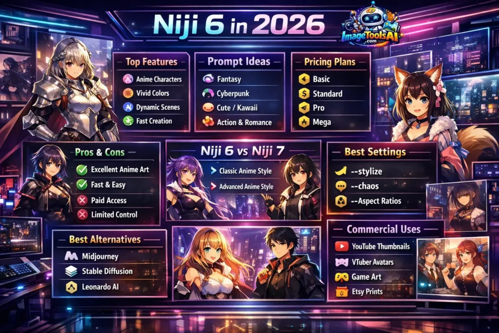  Niji 6 in 2026 infographic showing features, prompts, pricing, settings, alternatives, and anime AI image generator comparison guide.