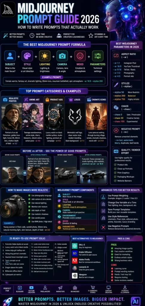 Midjourney Prompt Guide 2026 infographic showing the best Midjourney prompt formula, examples, parameters, realism tips, logo prompts, anime prompts, and expert strategies for better AI image generation.