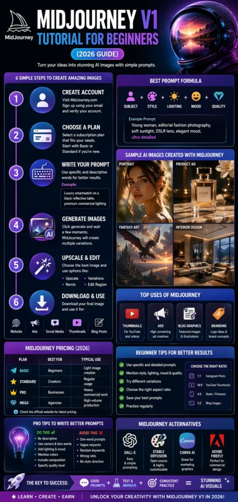 MidJourney V1 tutorial for beginners infographic showing steps to create AI images, prompts, pricing plans, settings, and expert tips in 2026.