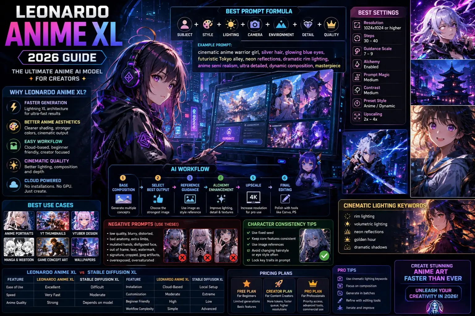 Leonardo Anime XL 2026 infographic showing best anime AI prompts, cinematic settings, VTuber workflows, and professional anime art generation techniques.