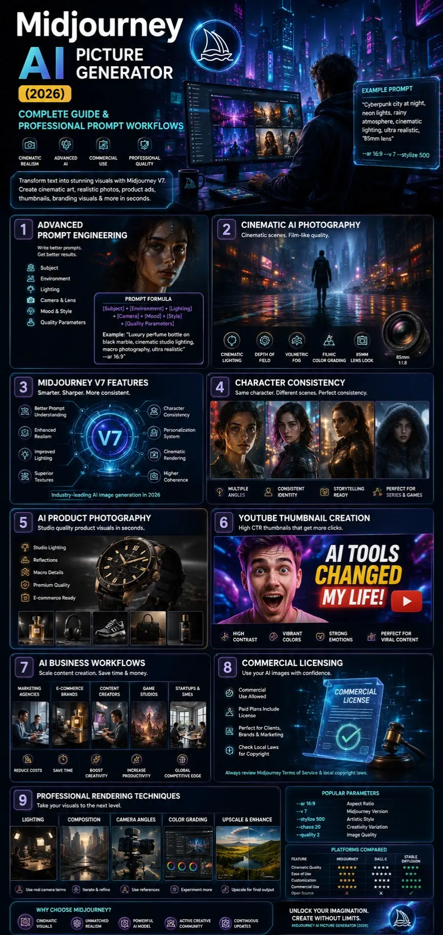  Infographic showing Midjourney AI Picture Generator 2026 features, including cinematic AI art, advanced prompt engineering, AI workflows, commercial image creation, and Midjourney V7 capabilities.