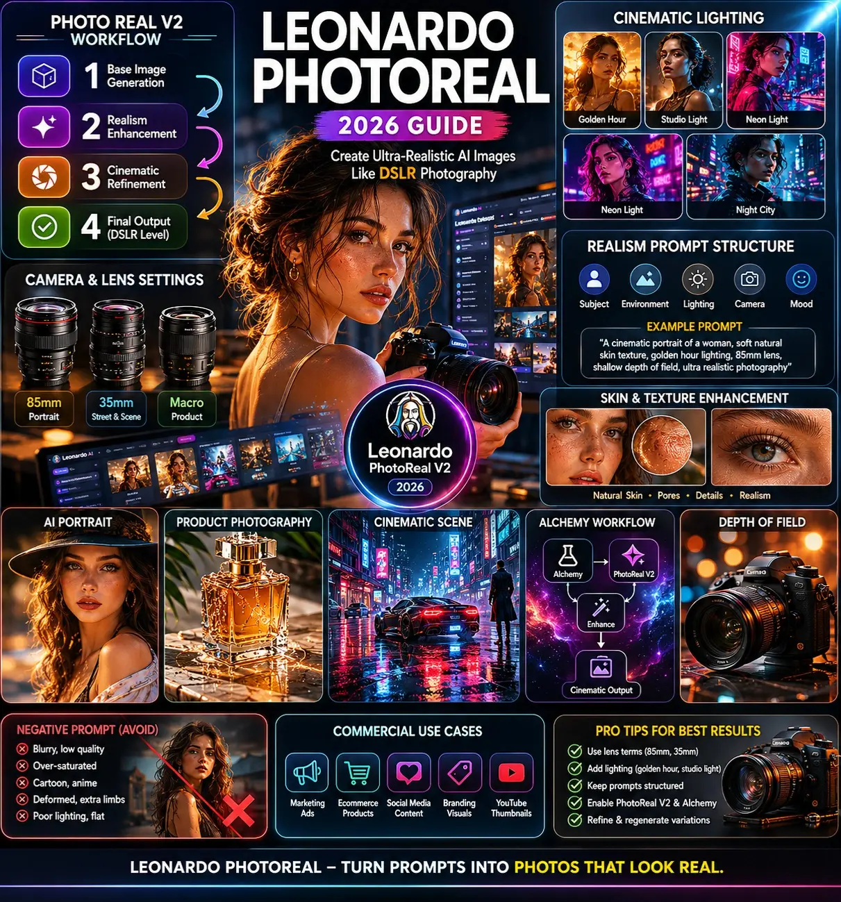 Leonardo PhotoReal 2026 infographic showing hyper-realistic AI photography workflows, cinematic prompts, DSLR-style lighting, and professional AI image generation techniques.