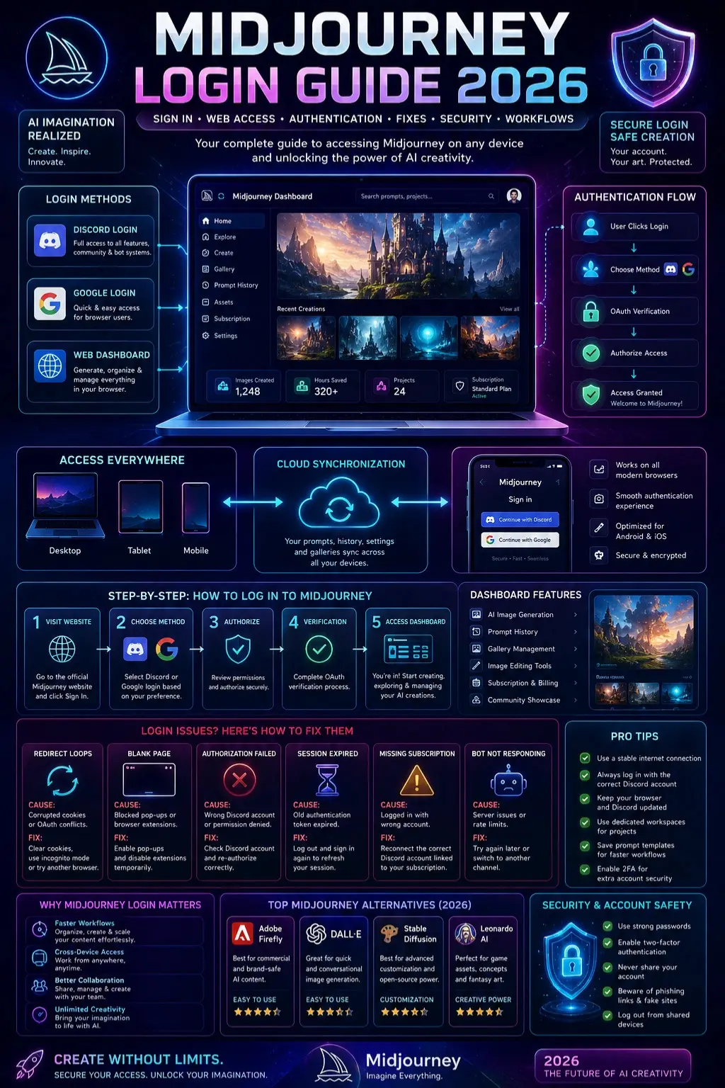 Midjourney Login Guide 2026 infographic showing Discord authentication, browser dashboard access, mobile login workflow, OAuth verification, and AI image generation interface.