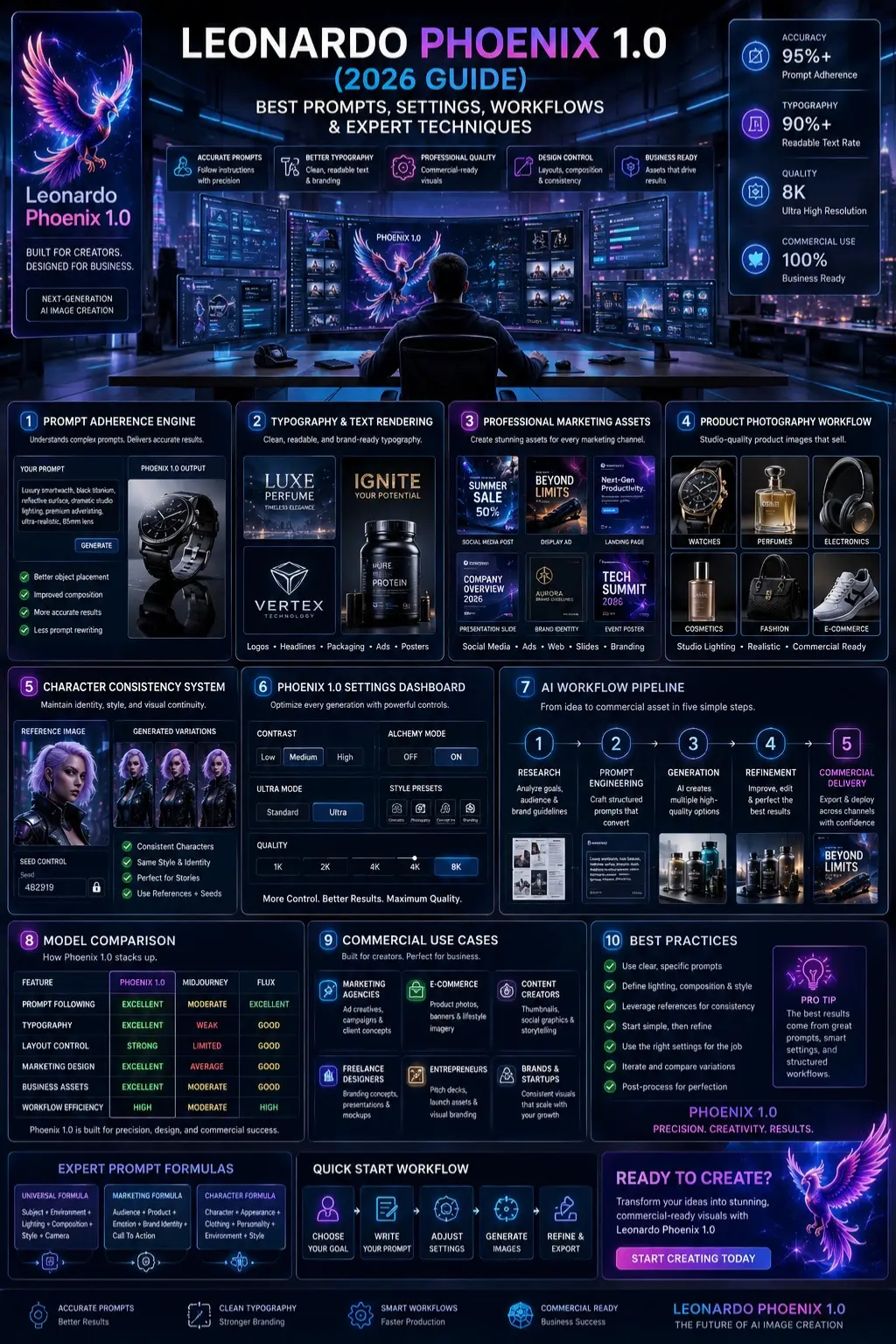Leonardo Phoenix 1.0 infographic showing AI image generation workflows, prompt engineering, typography rendering, marketing design assets, product photography, settings optimization, and commercial creative workflows.