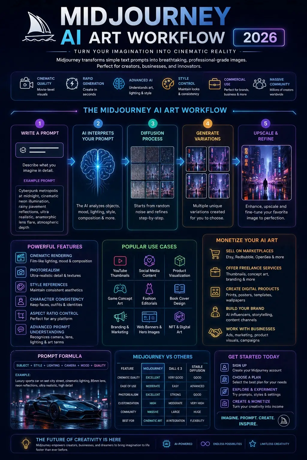 Midjourney AI Art 2026 infographic showing prompt workflow, image generation process, features, and monetization strategies in a modern, futuristic design.