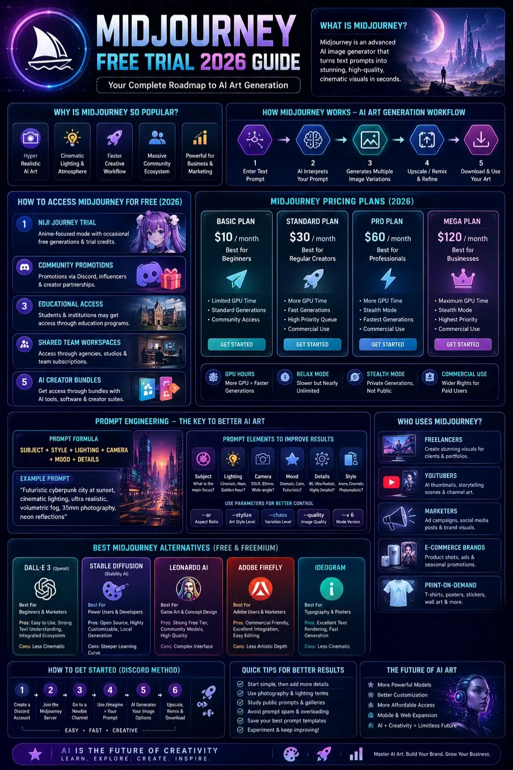 “Midjourney Free Trial 2026 infographic showing AI workflow, pricing plans, prompt engineering steps, and best free alternatives like DALL·E and Stable Diffusion in a futuristic SaaS design”