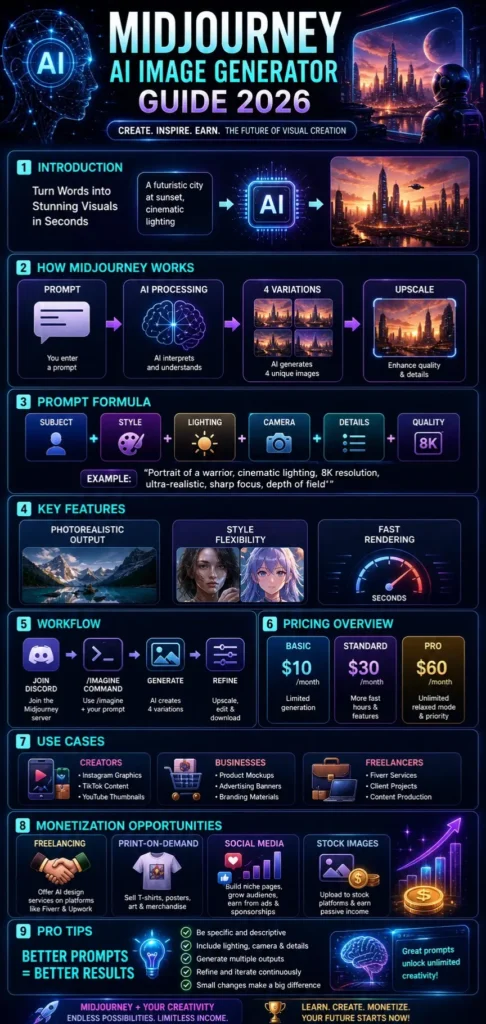  Midjourney AI Image Generator 2026 infographic showing workflow, prompt formula, pricing plans, features, and monetization strategies for creators