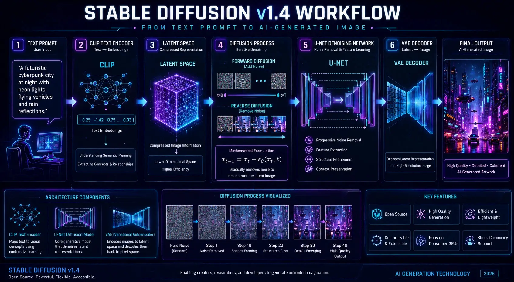 Stable Diffusion v1.4 infographic showing AI image generation workflow, including text encoding, latent diffusion process, and image reconstruction using neural networks.