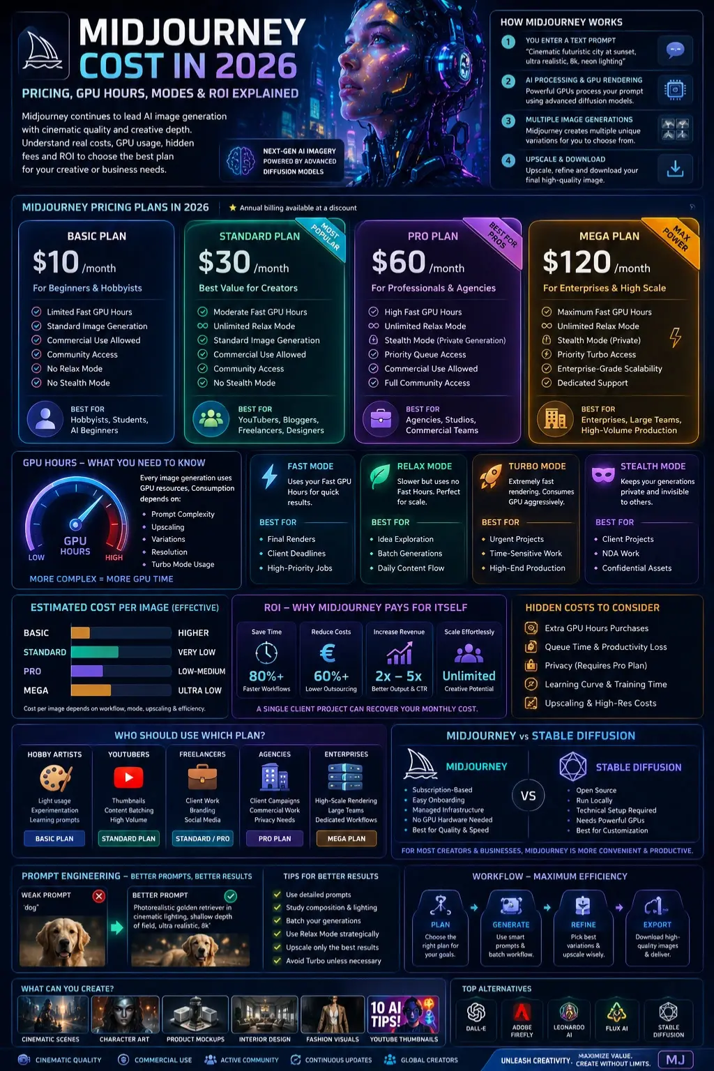 Midjourney cost infographic 2026 showing pricing plans, GPU hours, Relax Mode, Turbo Mode, ROI comparison, and AI image generation workflow for creators and businesses.