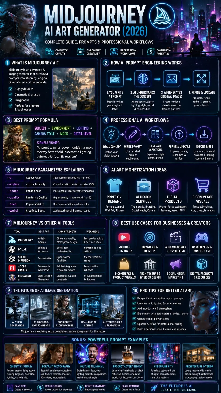 Futuristic infographic explaining Midjourney AI Art Generator in 2026, including prompt engineering, AI workflows, pricing, monetization, cinematic AI art creation, and professional image generation strategies.