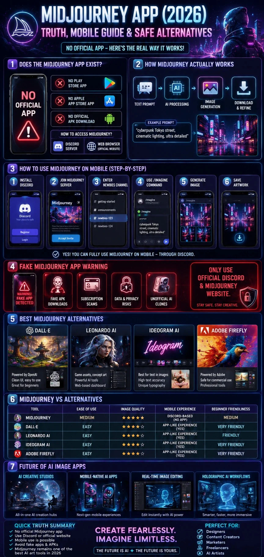 Infographic explaining the truth about the Midjourney app in 2026, including mobile setup, Discord usage, fake app warnings, and best AI image generator alternatives.