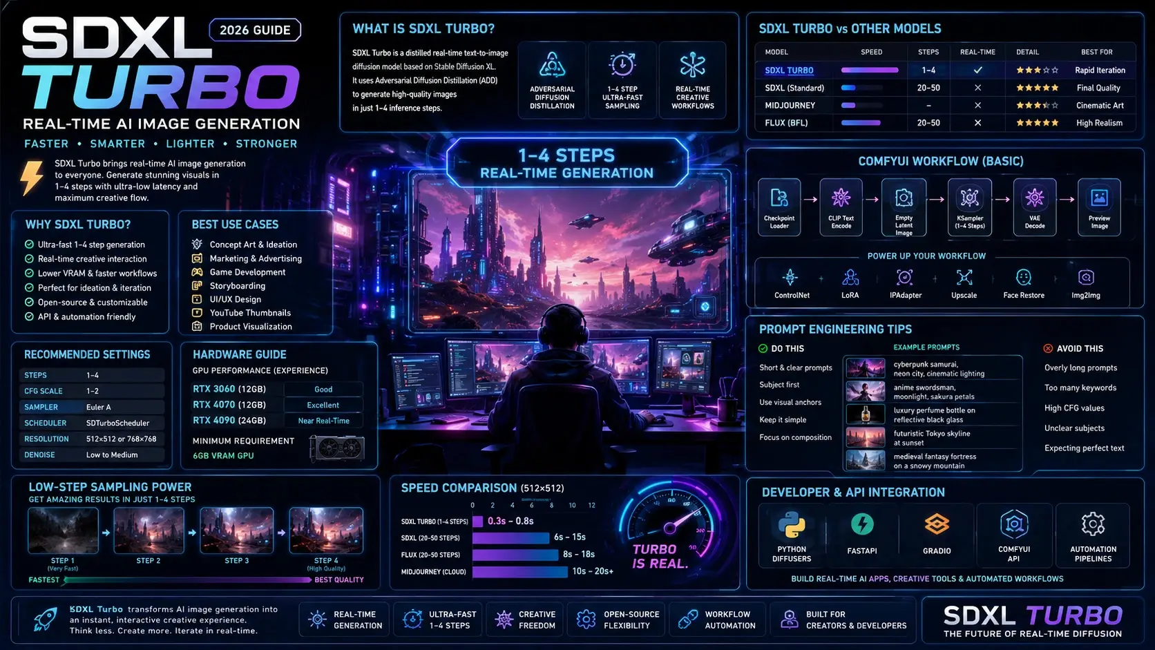 SDXL Turbo 2026 infographic showing real-time AI image generation, ComfyUI workflows, GPU optimization, prompt engineering, and ultra-fast diffusion rendering techniques.