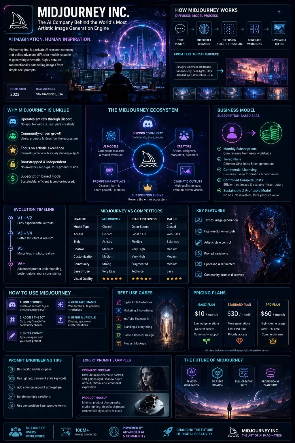 Infographic showing how Midjourney Inc works in 2026, including AI image generation, Discord community strategy, diffusion technology, subscription business model, and cinematic AI art workflows.