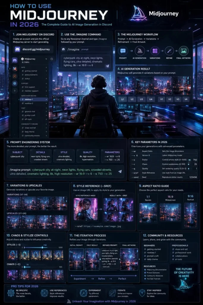 Step-by-step Midjourney 2026 infographic showing the Discord AI image-generation workflow, prompt engineering, upscaling tools, parameters, and the professional AI art creation process.