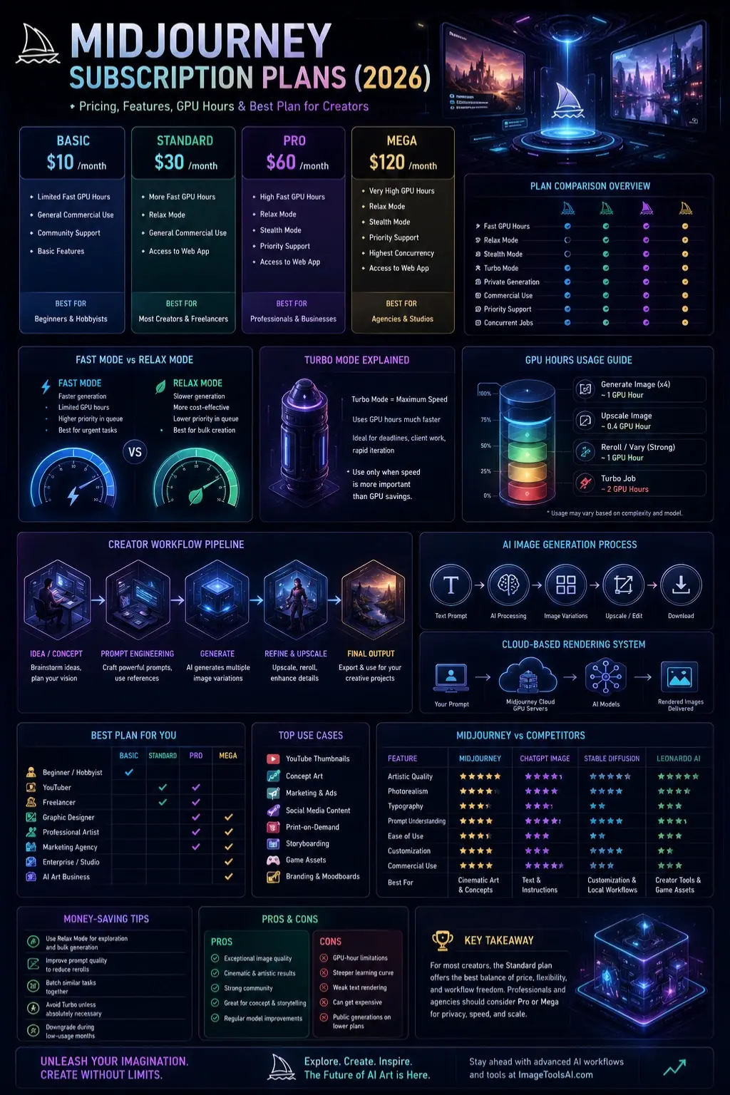 Midjourney subscription plans infographic 2026 showing Basic, Standard, Pro, and Mega pricing, GPU hours, Fast Mode vs Relax Mode, and AI workflow comparison for creators and agencies.