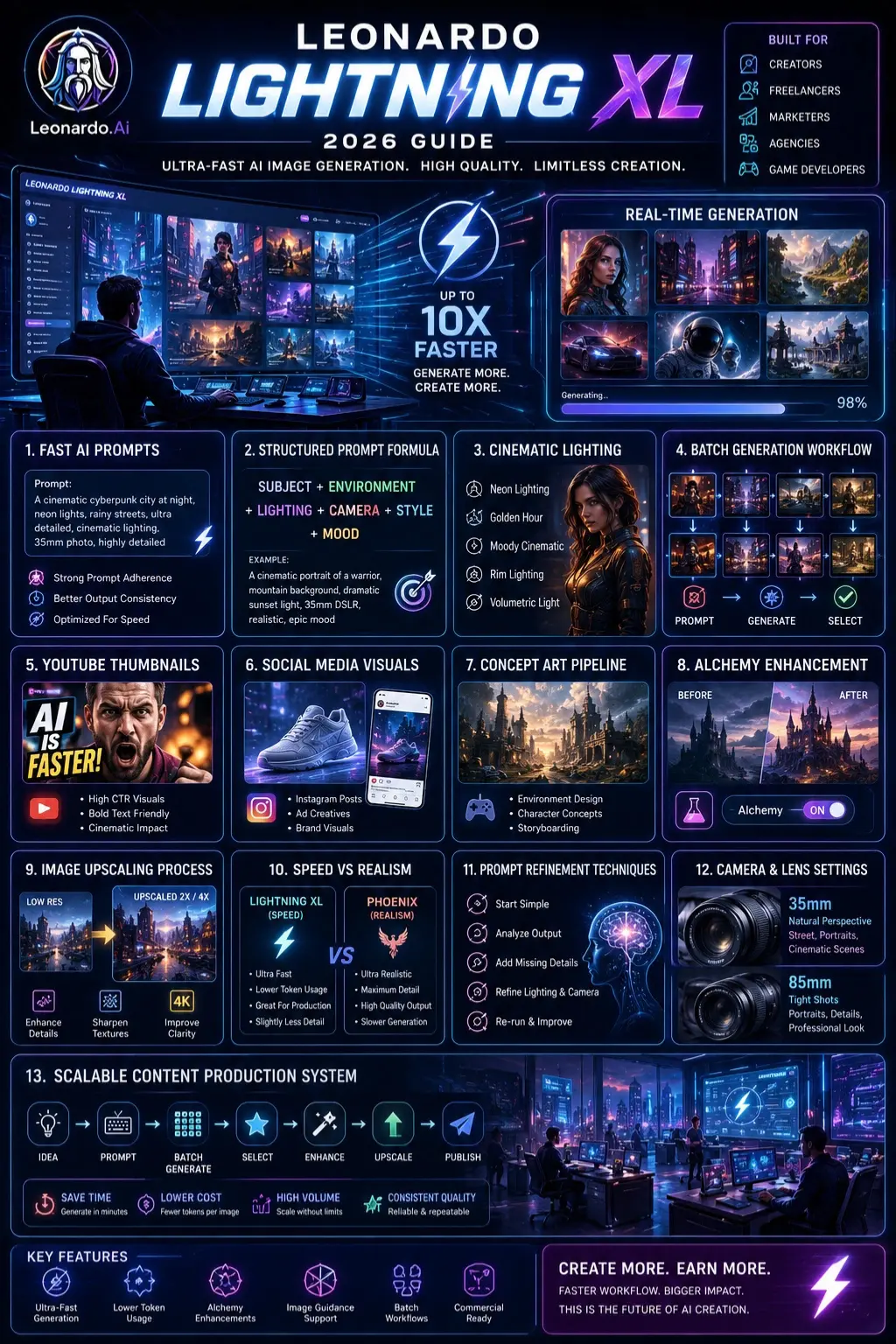 Leonardo Lightning XL 2026 infographic showing fast AI image generation workflows, cinematic prompts, batch content creation systems, and professional AI design techniques.