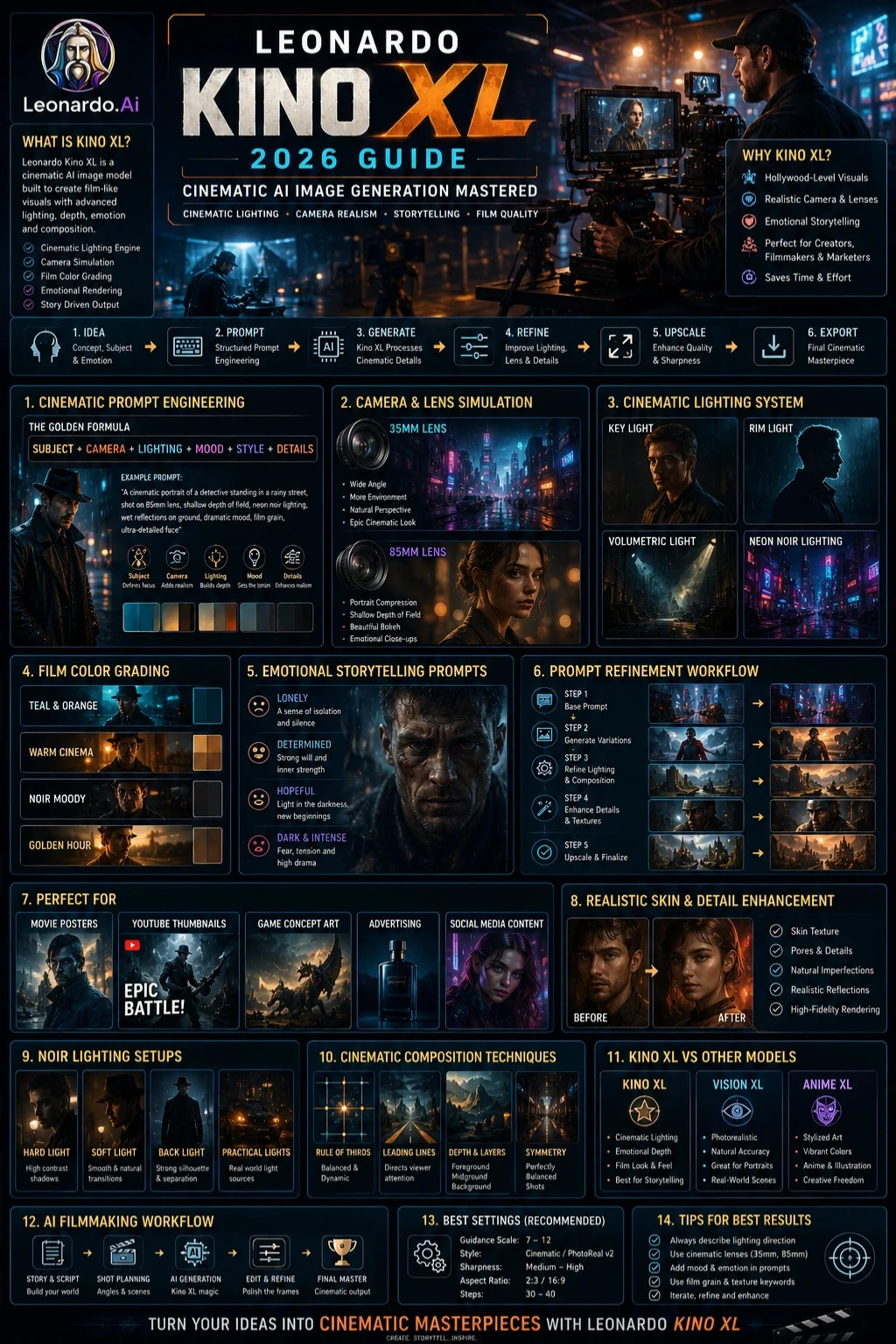 Leonardo Kino XL 2026 infographic showing cinematic AI image generation workflows, movie-style lighting, prompt engineering, and professional storytelling visuals.
